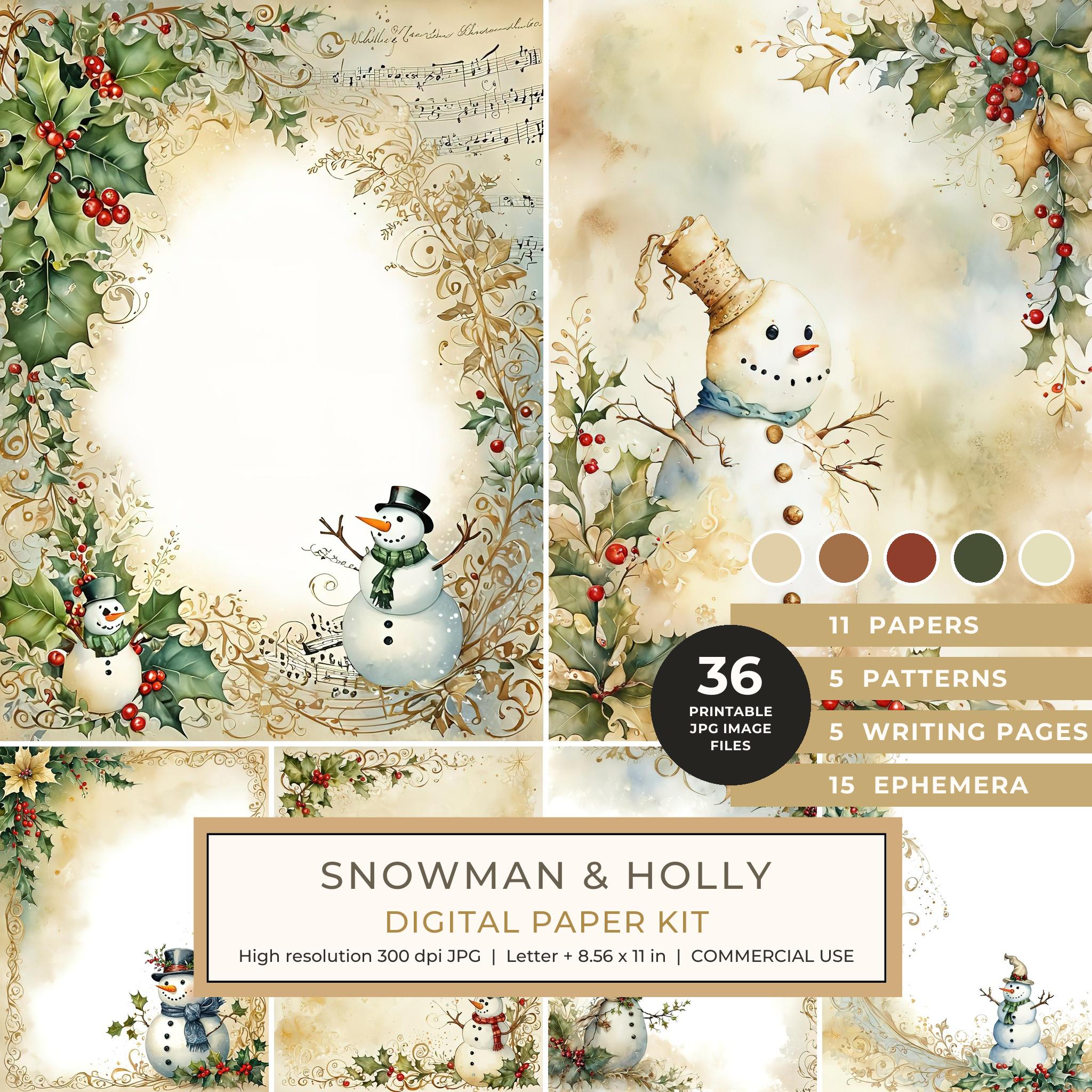 Snowman and Holly Watercolor Digital Paper Kit: Printable Papers, Cards, Tags, Ephemera