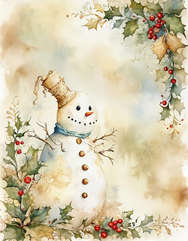 Snowman and Holly Watercolor Digital Paper Kit: Printable Papers, Cards, Tags, Ephemera — image 2