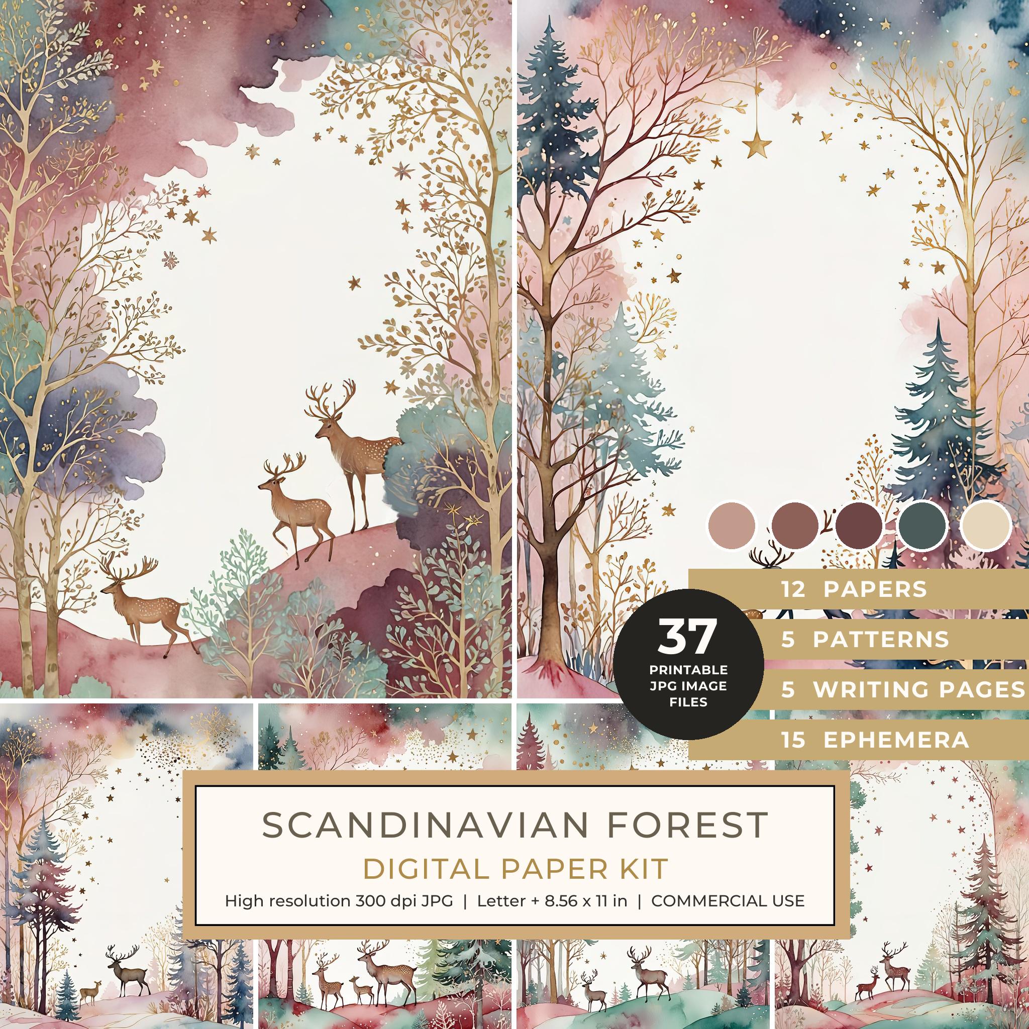 Scandinavian Forest Watercolor Digital Paper Kit: Printable Papers, Cards, Tags, Ephemera