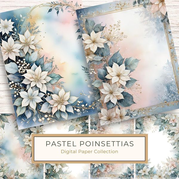 Watercolor Poinsettia Border Digital Paper: Elegant Winter Floral (JPG)