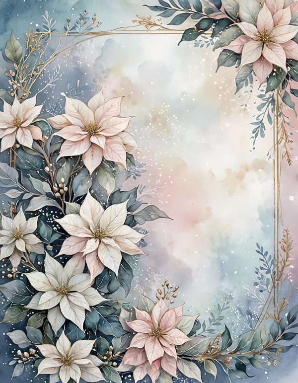 Watercolor Poinsettia Border Digital Paper: Elegant Winter Floral (JPG) — image 7