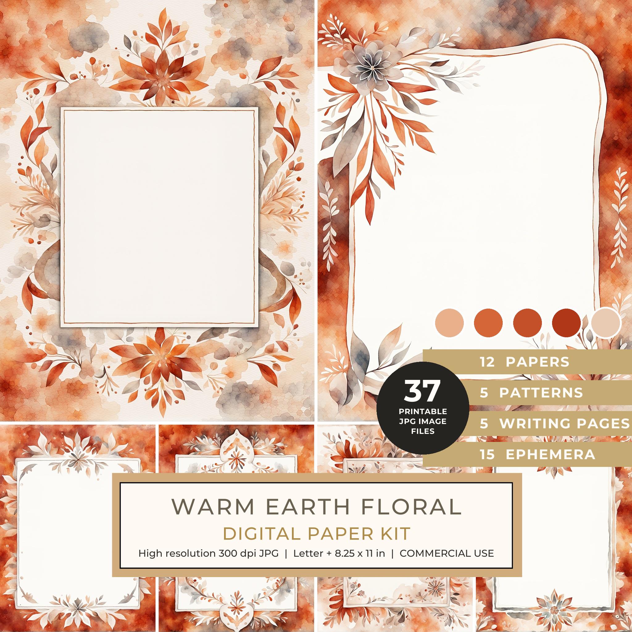 Warm Earth Floral Watercolor Digital Paper Kit: Printable Papers, Cards, Tags, Ephemera