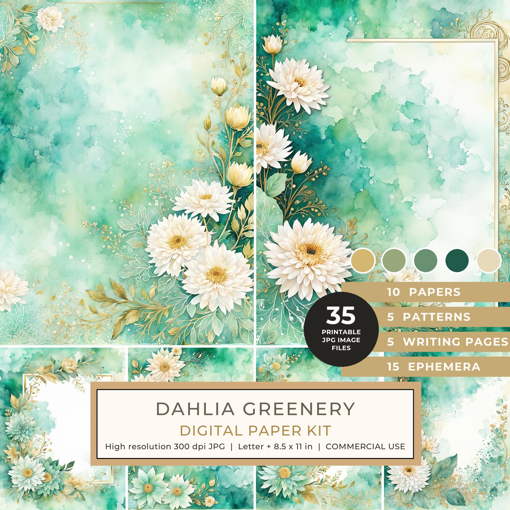 Dahlia Greenery Watercolor Digital Paper Kit: Printable Papers, Cards, Tags, Ephemera