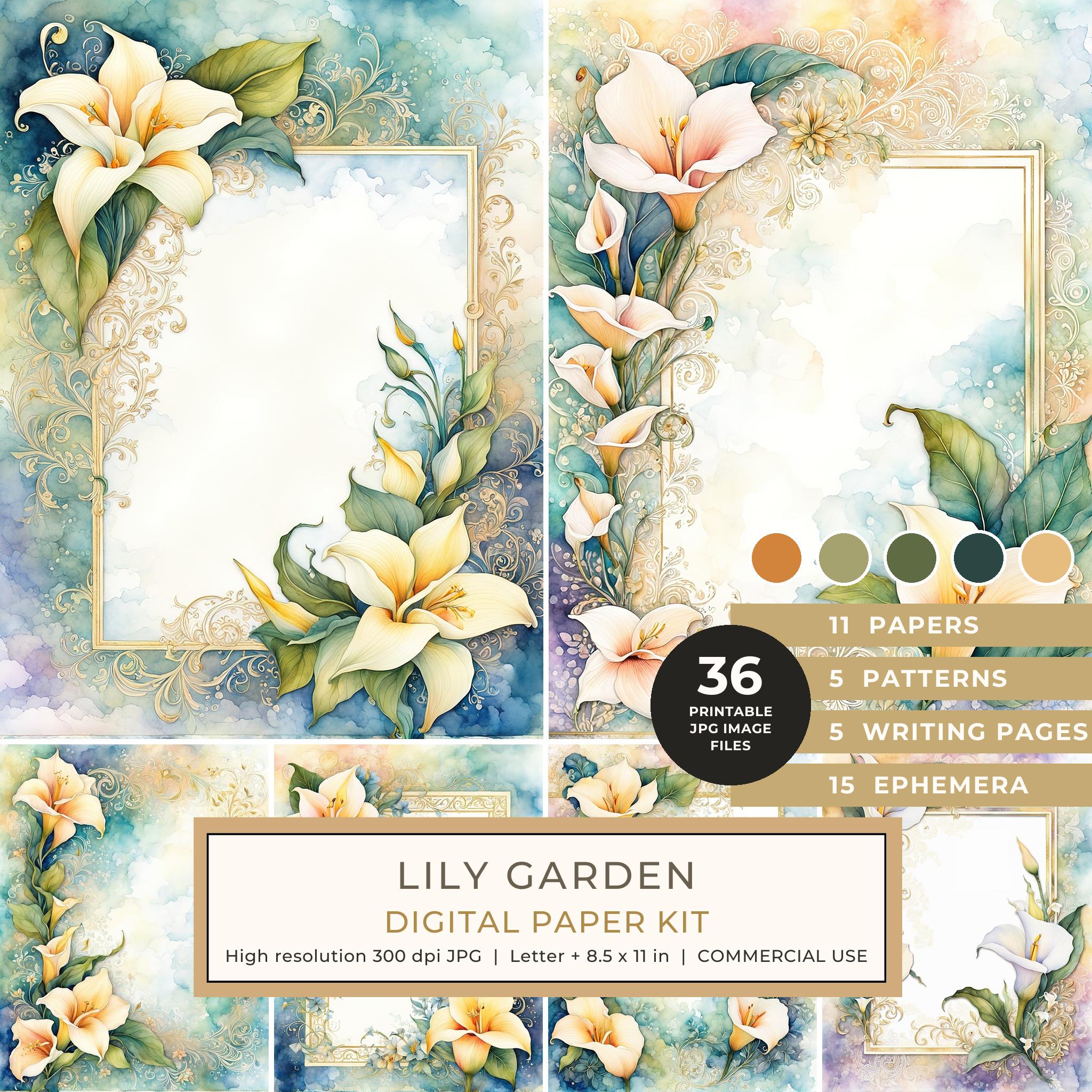 Lily Garden Watercolor Digital Paper Kit: Printable Papers, Cards, Tags, Ephemera - Commercial Use