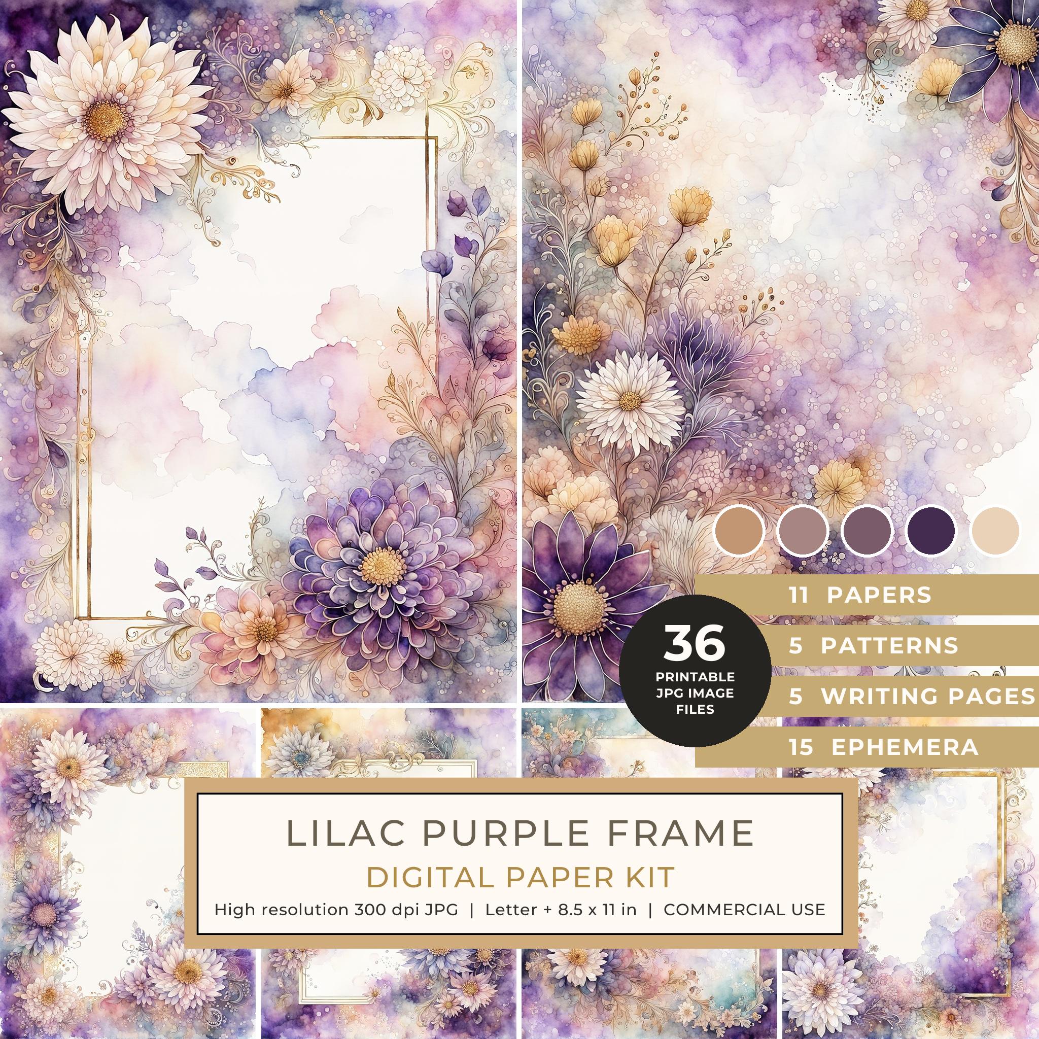 Lilac Purple Frame Watercolor Digital Paper Kit: Printable Papers, Cards, Tags, Ephemera