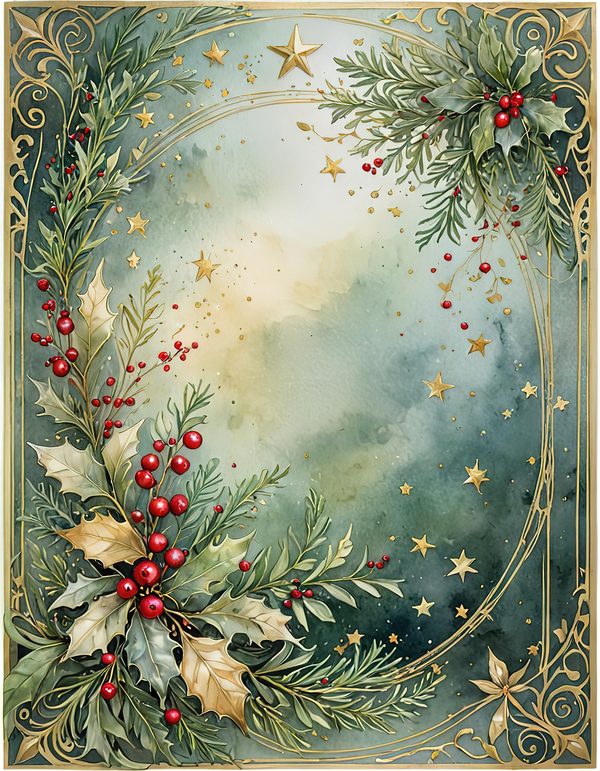Watercolor Christmas Digital Paper: Sage Green Holly, Berries Background (Digital Download, Commercial Use) — image 1