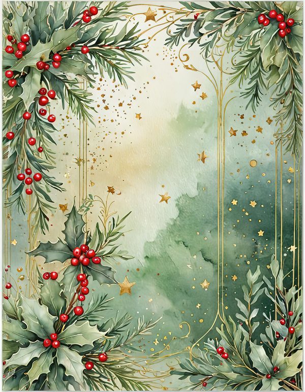 Watercolor Christmas Digital Paper: Sage Green Holly, Berries Background (Digital Download, Commercial Use) — image 2