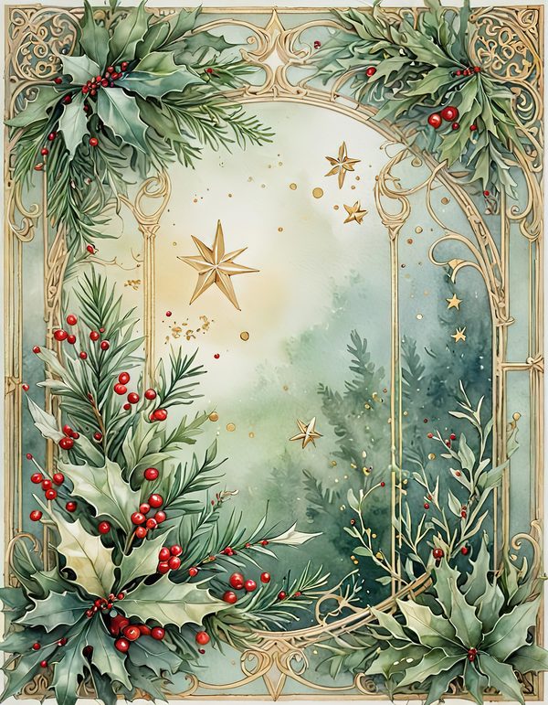 Watercolor Christmas Digital Paper: Sage Green Holly, Berries Background (Digital Download, Commercial Use) — image 3
