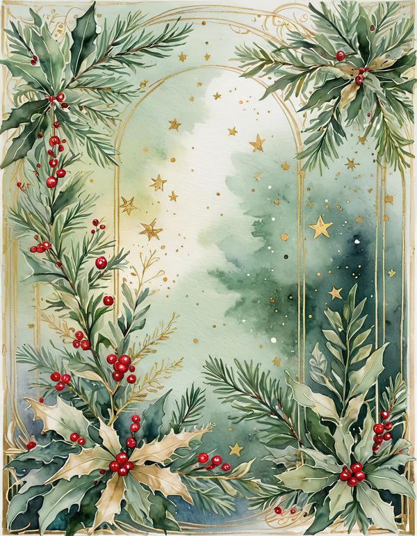 Watercolor Christmas Digital Paper: Sage Green Holly, Berries Background (Digital Download, Commercial Use) — image 4