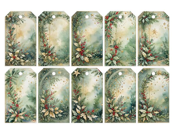 Watercolor Christmas Digital Paper: Sage Green Holly, Berries Background (Digital Download, Commercial Use) — image 27