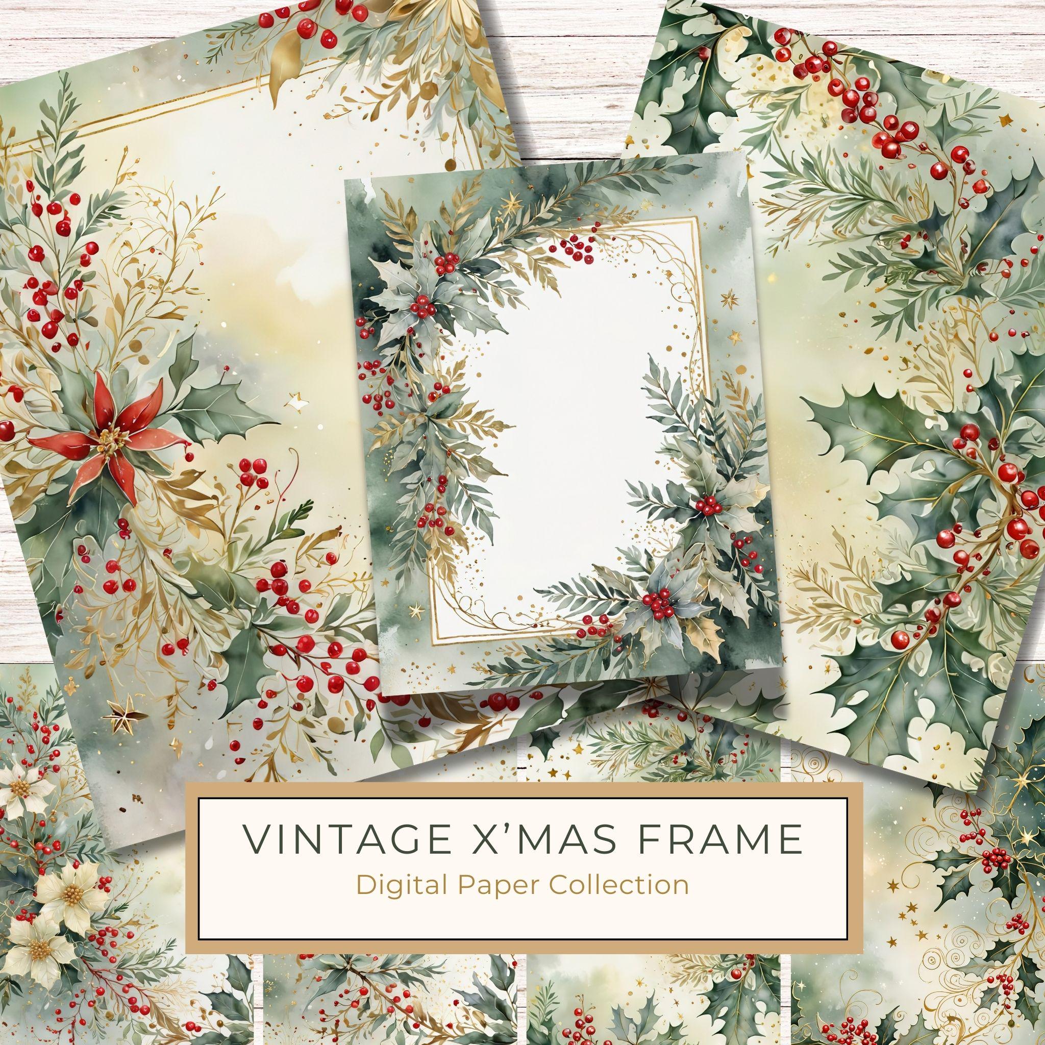 Watercolor Christmas Digital Paper: Vintage Foliage and Gold (Digital Download)