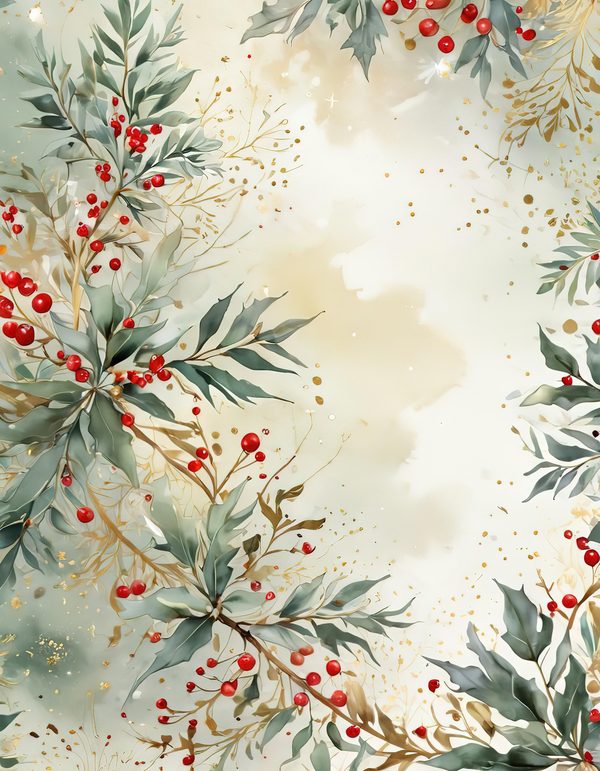 Watercolor Christmas Digital Paper: Vintage Foliage and Gold (Digital Download) — image 1