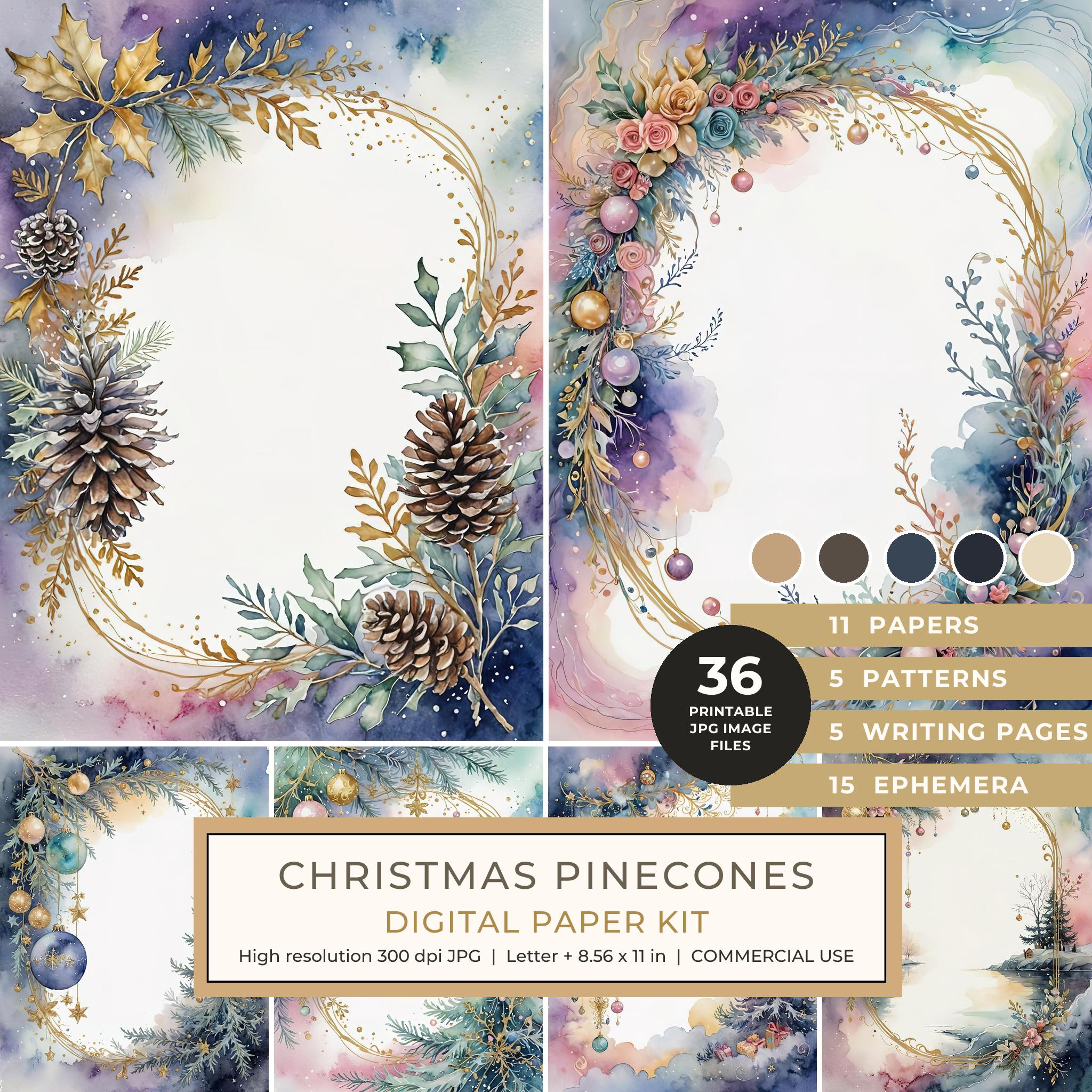 Christmas Pinecones Watercolor Digital Paper Kit: Printable Papers, Cards, Tags, Ephemera