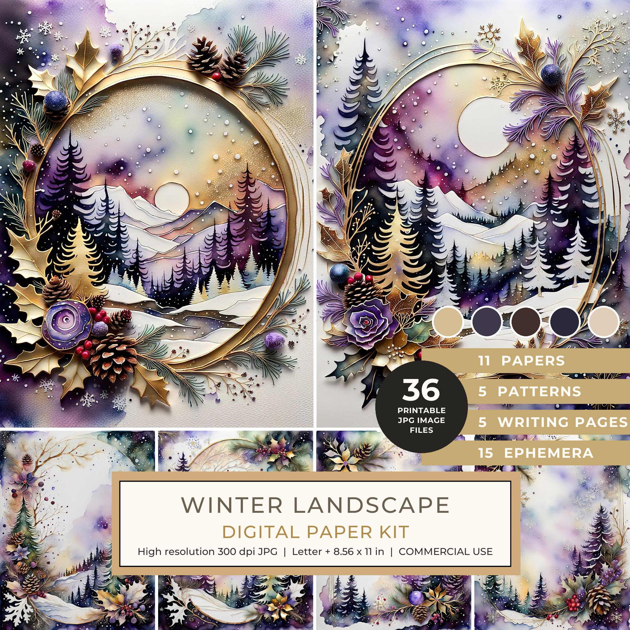 Winter Landscape Watercolor Digital Paper Kit: Printable Papers, Cards, Tags, Ephemera