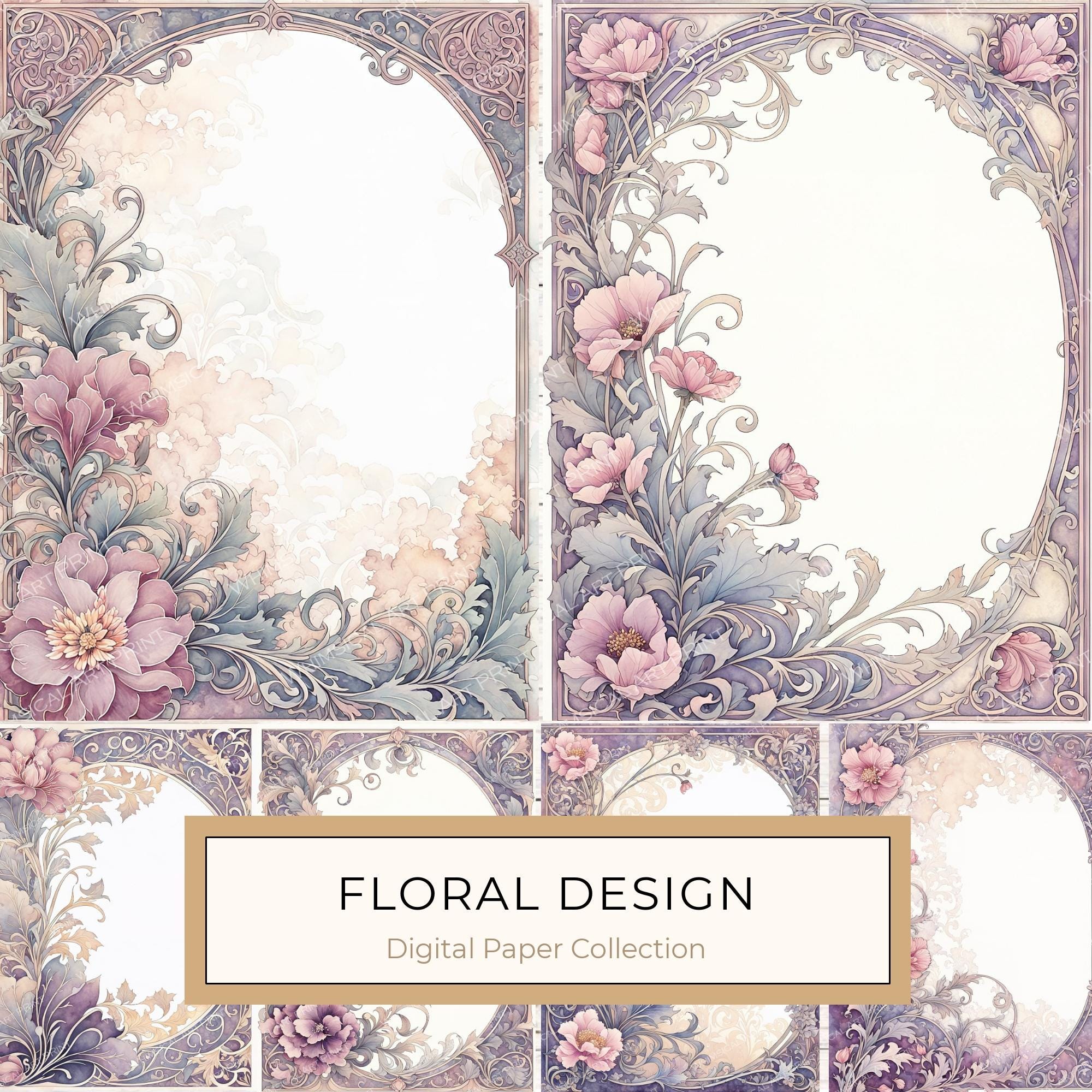 Watercolor Art Nouveau Floral Digital Paper: Pastel Scrapbook Designs (10 JPGs)