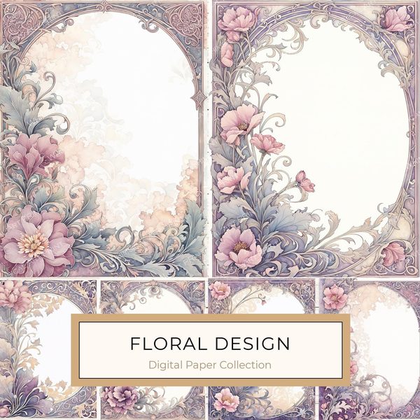Watercolor Art Nouveau Floral Digital Paper: Pastel Scrapbook Designs (10 JPGs)