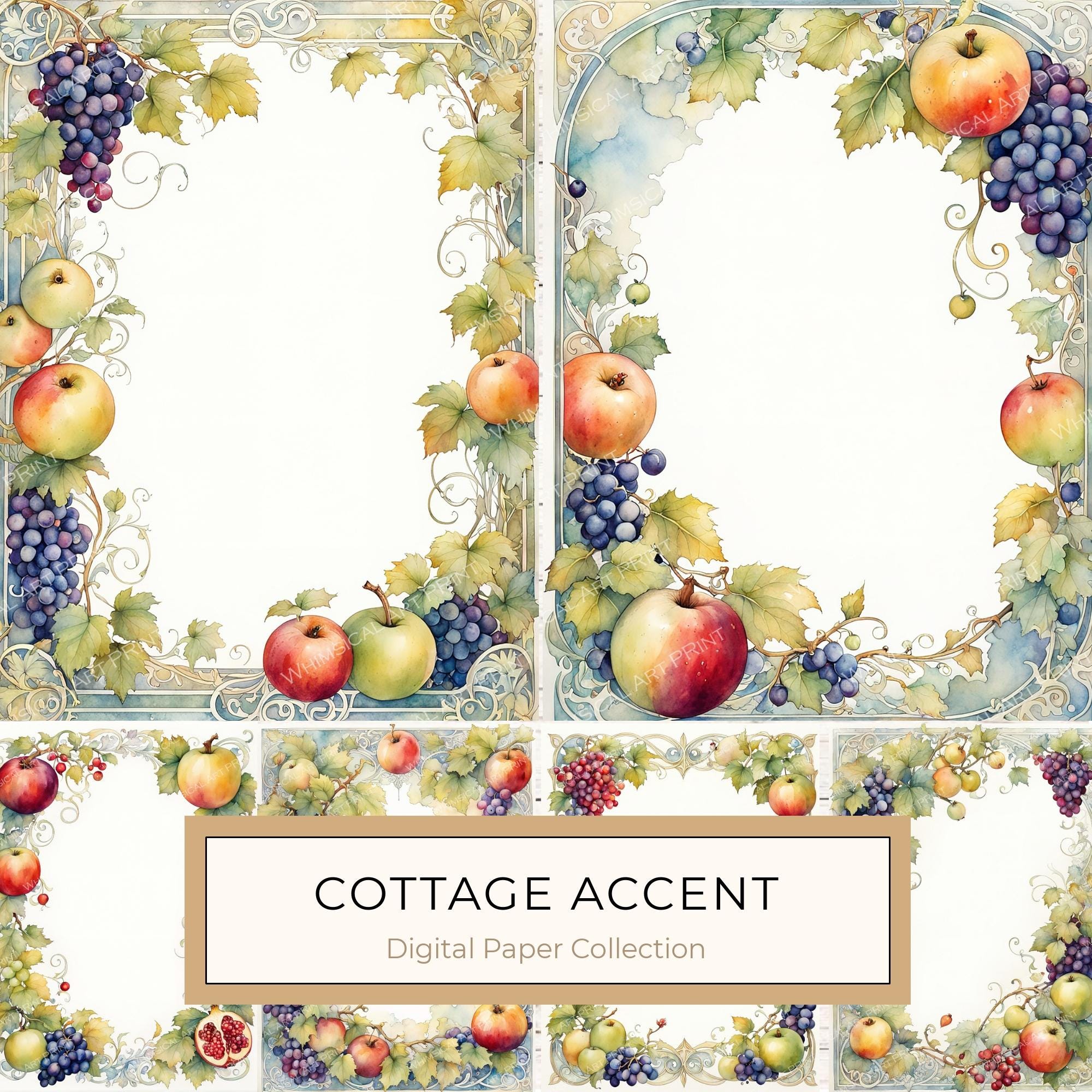 Watercolor Fruit Frame Clipart: Apple & Grape Design (Digital Paper Set)