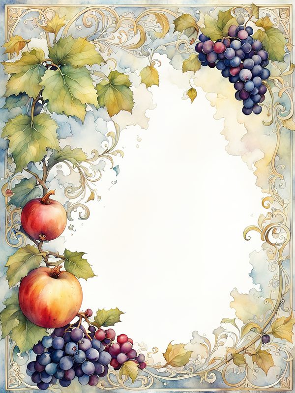 Watercolor Fruit Frame Clipart: Apple & Grape Design (Digital Paper Set) — image 1