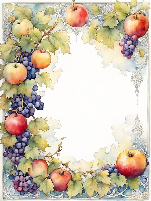 Watercolor Fruit Frame Clipart: Apple & Grape Design (Digital Paper Set) — image 3