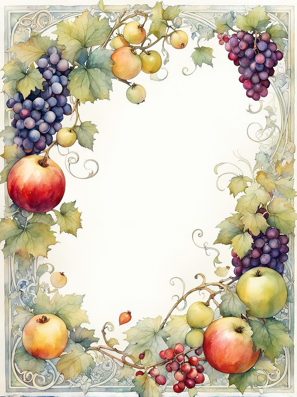 Watercolor Fruit Frame Clipart: Apple & Grape Design (Digital Paper Set) — image 5