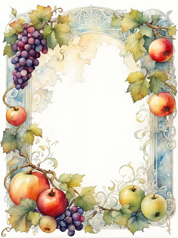 Watercolor Fruit Frame Clipart: Apple & Grape Design (Digital Paper Set) — image 11