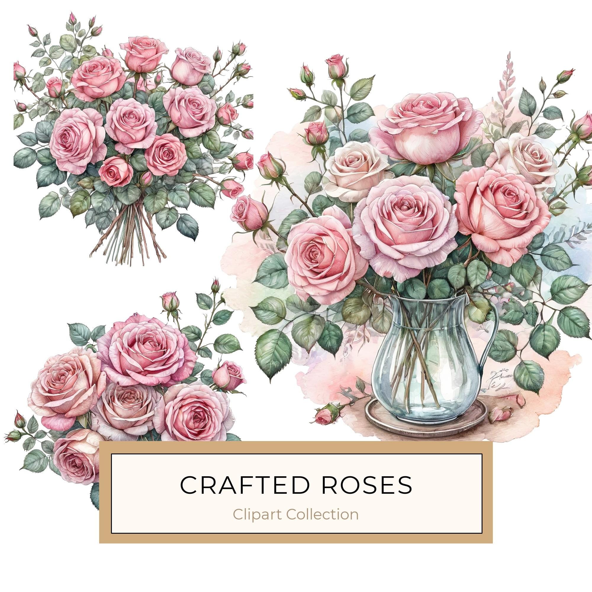 Watercolor Pink Roses Clipart: Floral Bouquet Graphics (JPG & PNG)