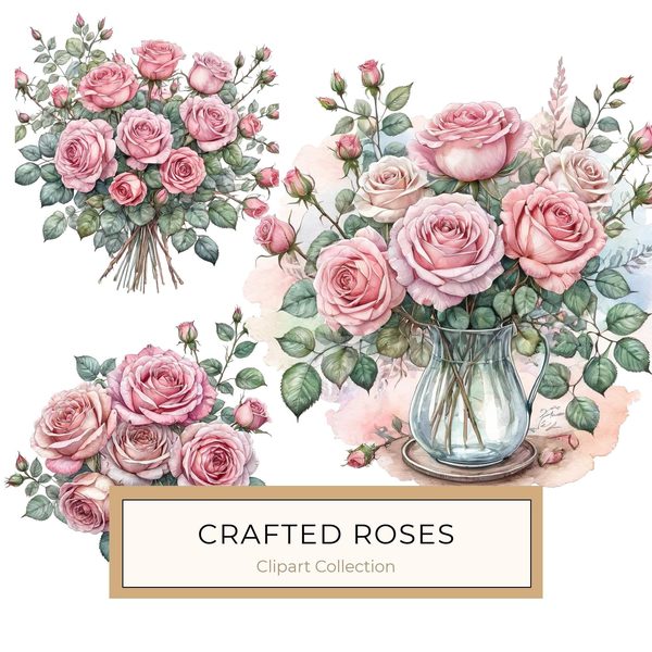 Watercolor Pink Roses Clipart: Floral Bouquet Graphics (JPG & PNG)