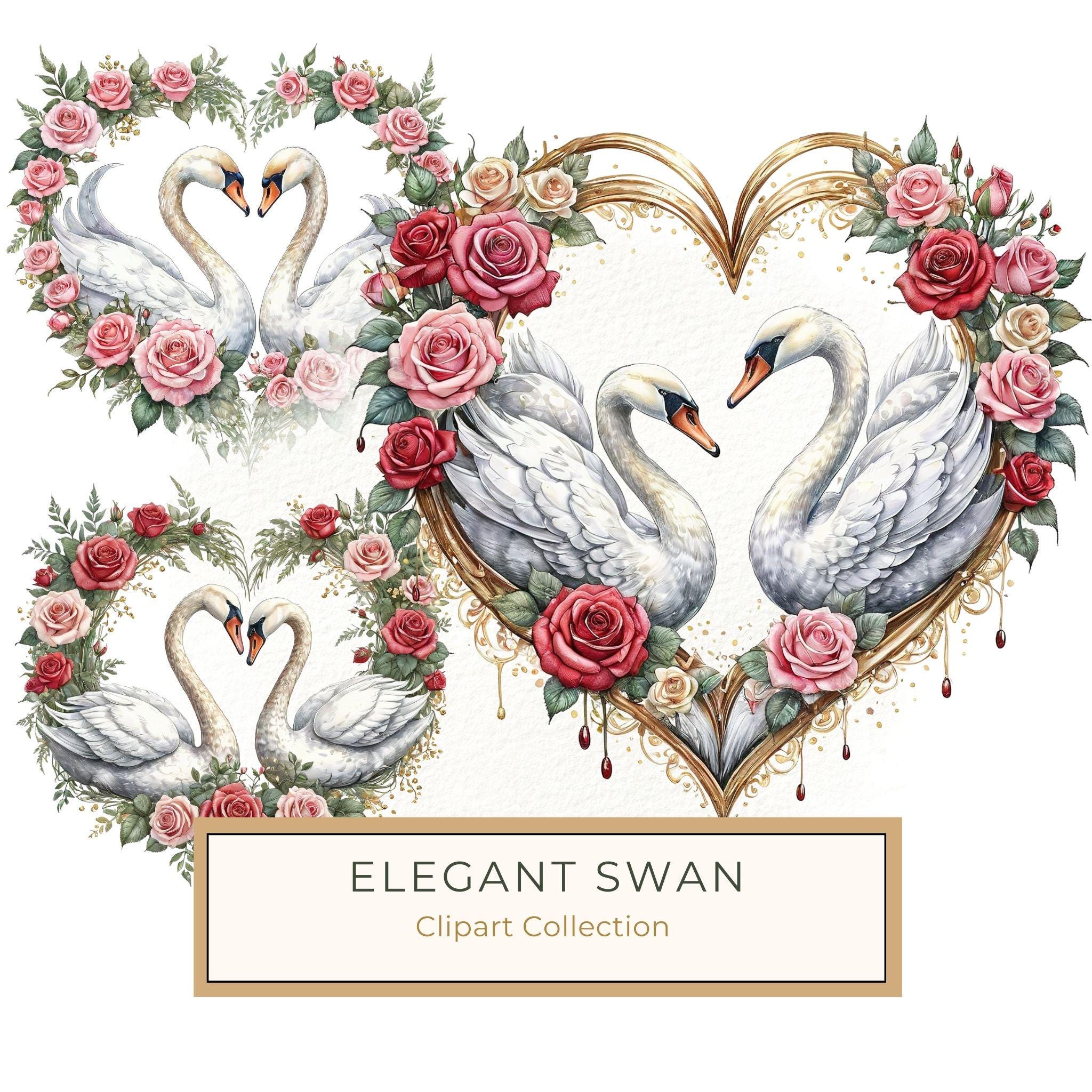 Watercolor Swan Clipart: Pink Roses, Floral DIY Graphics (Digital Download)