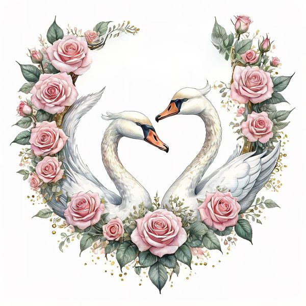 Watercolor Swan Clipart: Pink Roses, Floral DIY Graphics (Digital Download) — image 1