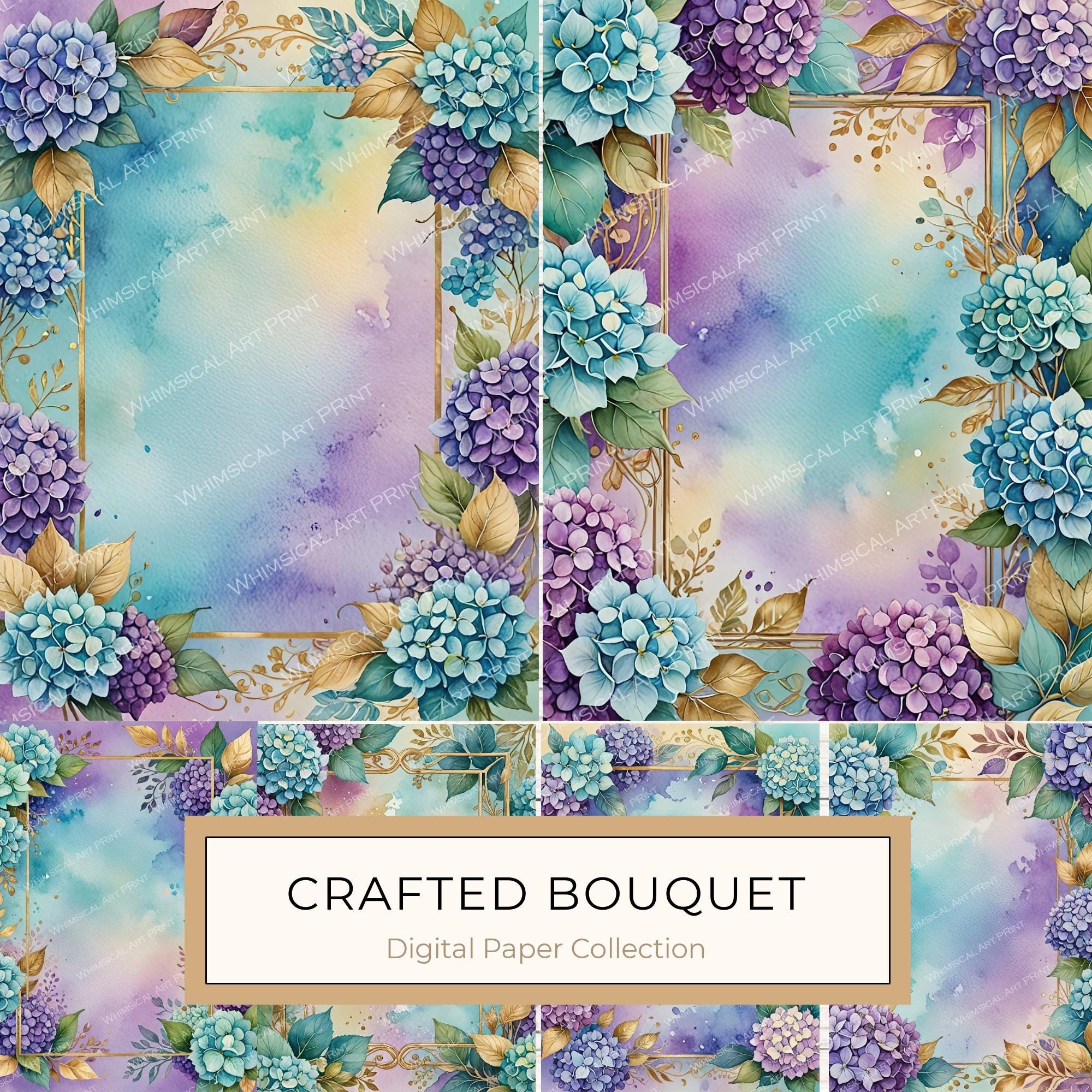 Watercolor Hydrangea Floral Frames: Teal & Purple Digital Paper (10 JPGs)