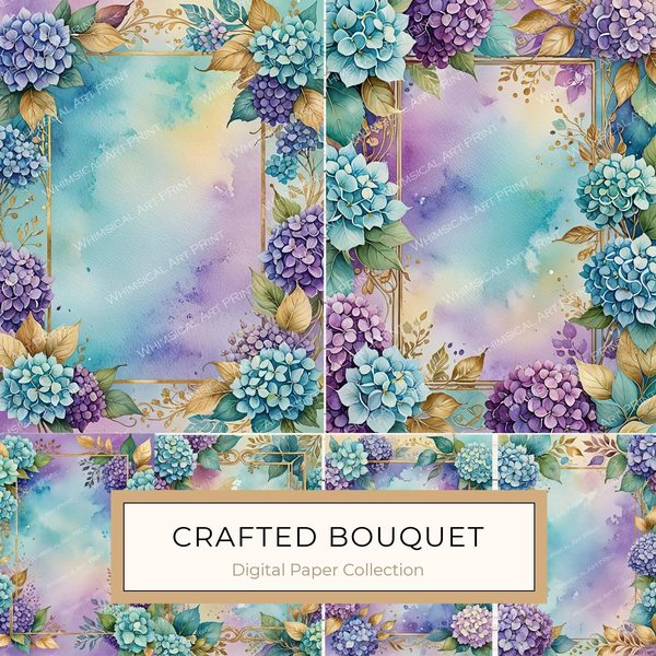 Watercolor Hydrangea Floral Frames: Teal & Purple Digital Paper (10 JPGs)