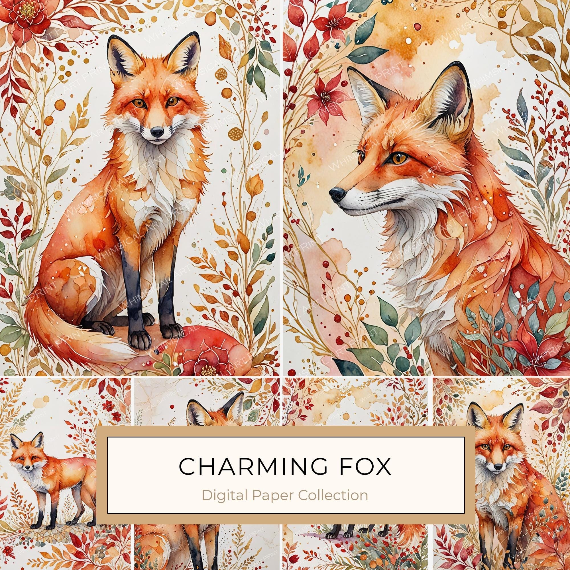 Watercolor Fox Floral Art Collection: Art Deco Style (JPGs)