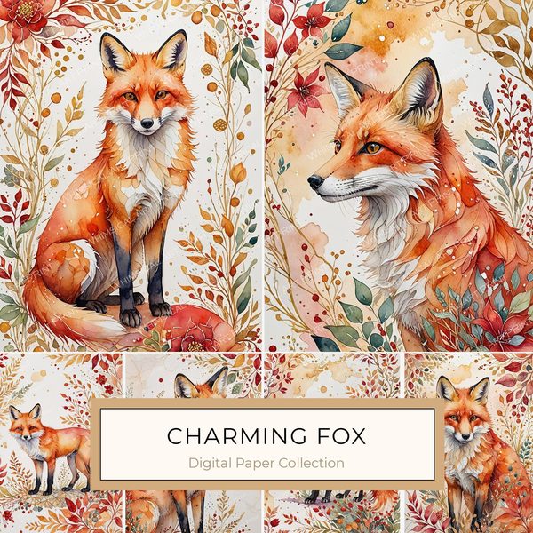 Watercolor Fox Floral Art Collection: Art Deco Style (JPGs)