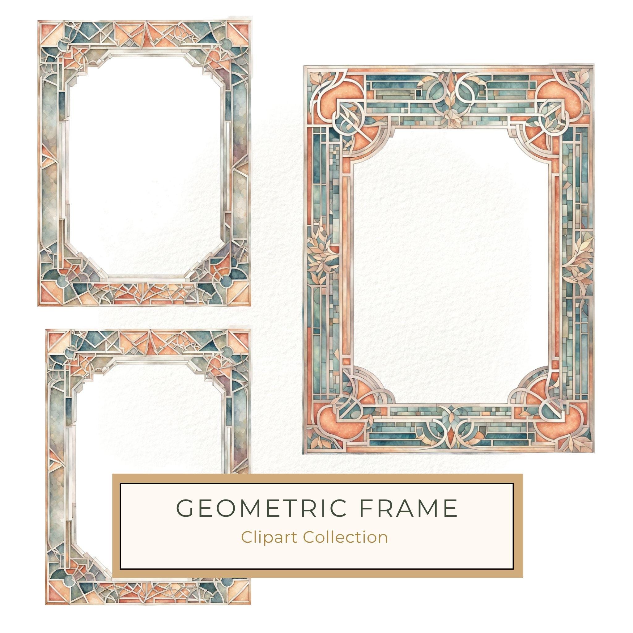 Watercolor Geometric Frames: Art Nouveau Clipart (JPG & PNG)