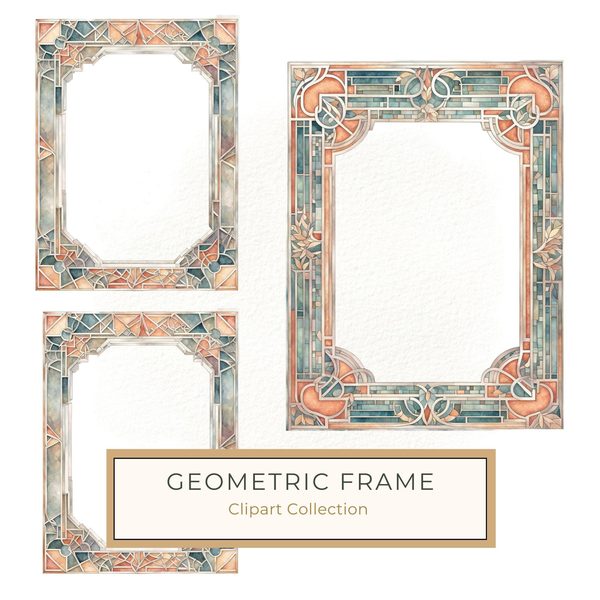 Watercolor Geometric Frames: Art Nouveau Clipart (JPG & PNG)