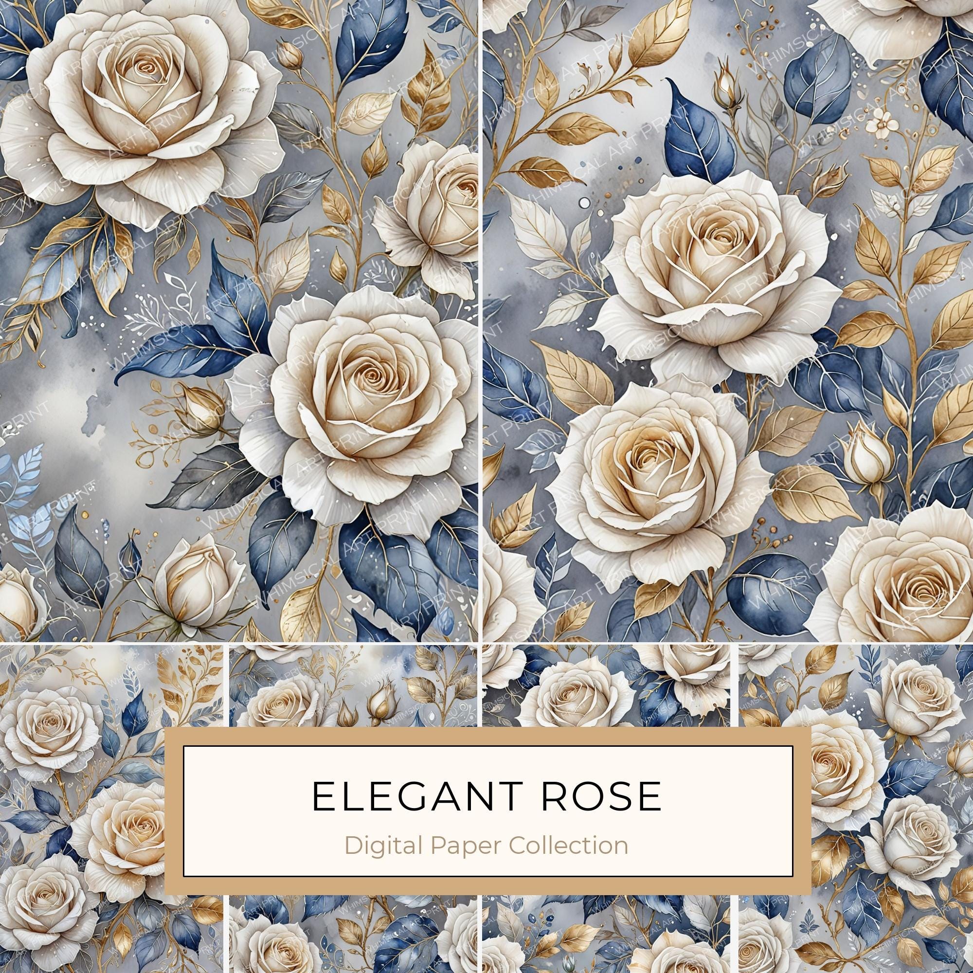 Watercolor Rose Digital Paper: Elegant Floral Elements (JPGs, Commercial Use)