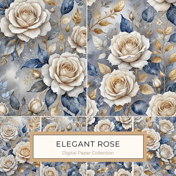 Watercolor Rose Digital Paper: Elegant Floral Elements (JPGs, Commercial Use)