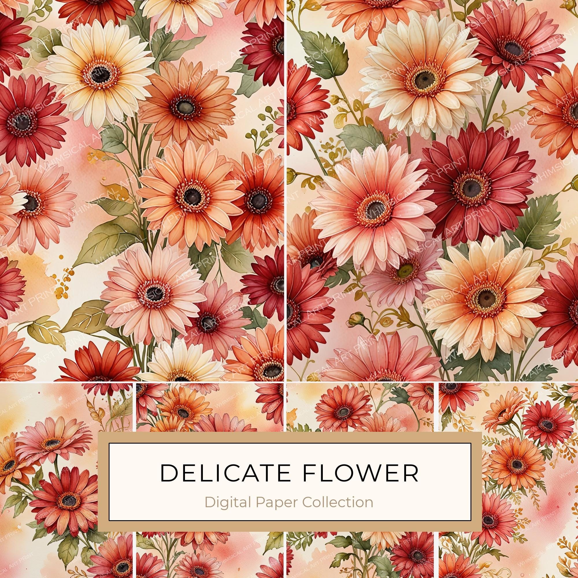 Watercolor Gerbera Daisy Digital Paper: Flower Arrangements (JPGs, Commercial Use)
