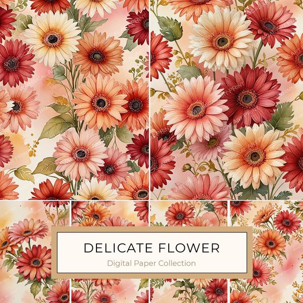 Watercolor Gerbera Daisy Digital Paper: Flower Arrangements (JPGs, Commercial Use)