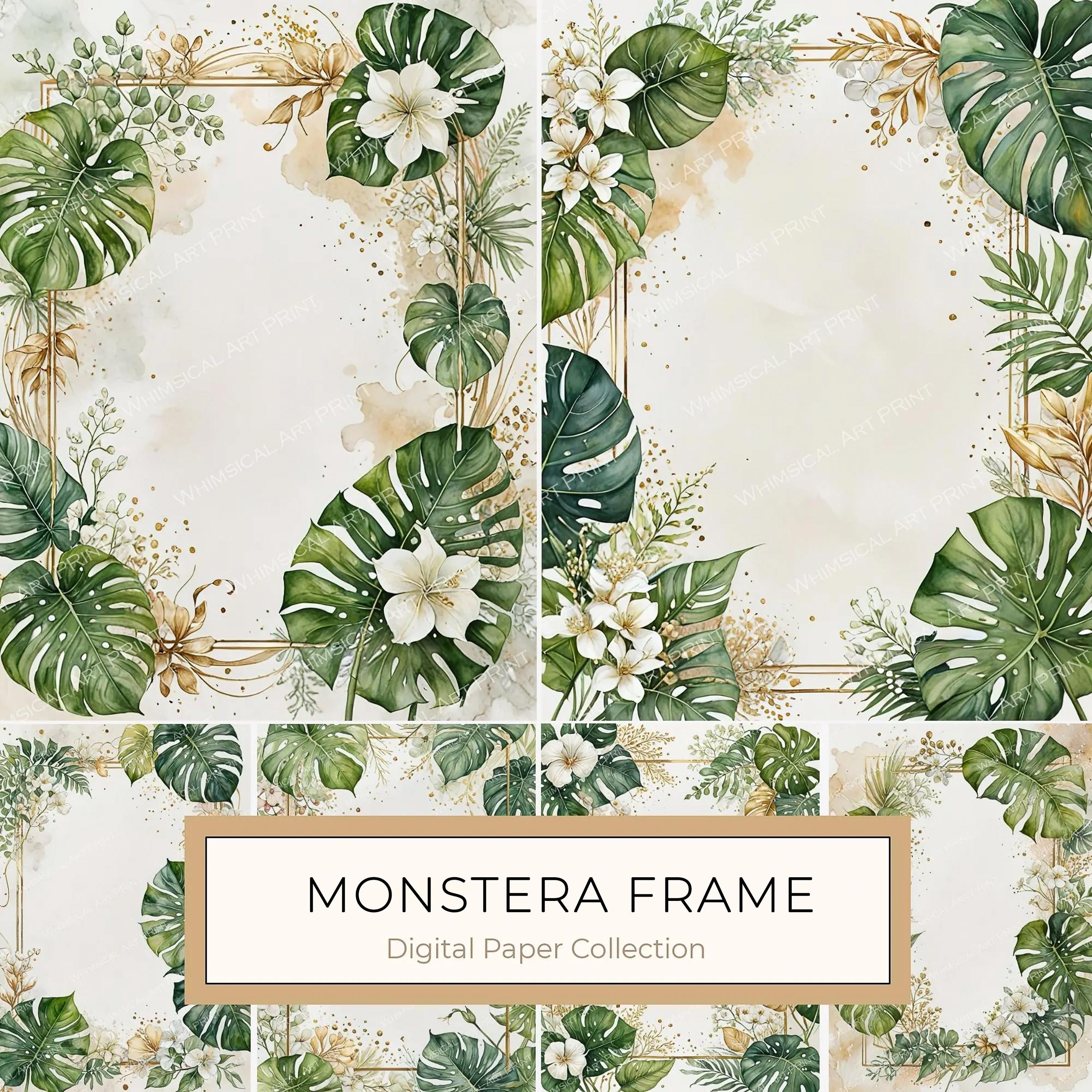 Watercolor Monstera Leaf Border: Tropical Foliage Background JPGs (Digital Download)