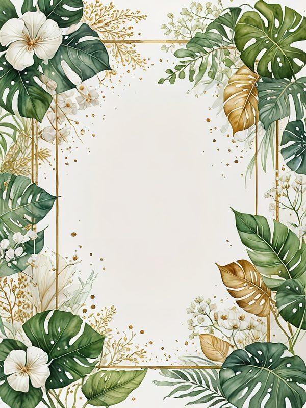 Watercolor Monstera Leaf Border: Tropical Foliage Background JPGs (Digital Download) — image 1