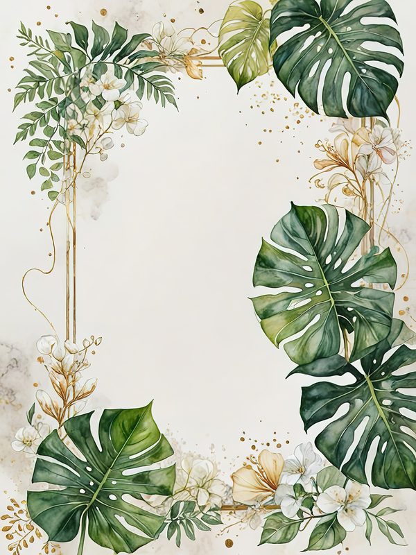 Watercolor Monstera Leaf Border: Tropical Foliage Background JPGs (Digital Download) — image 2