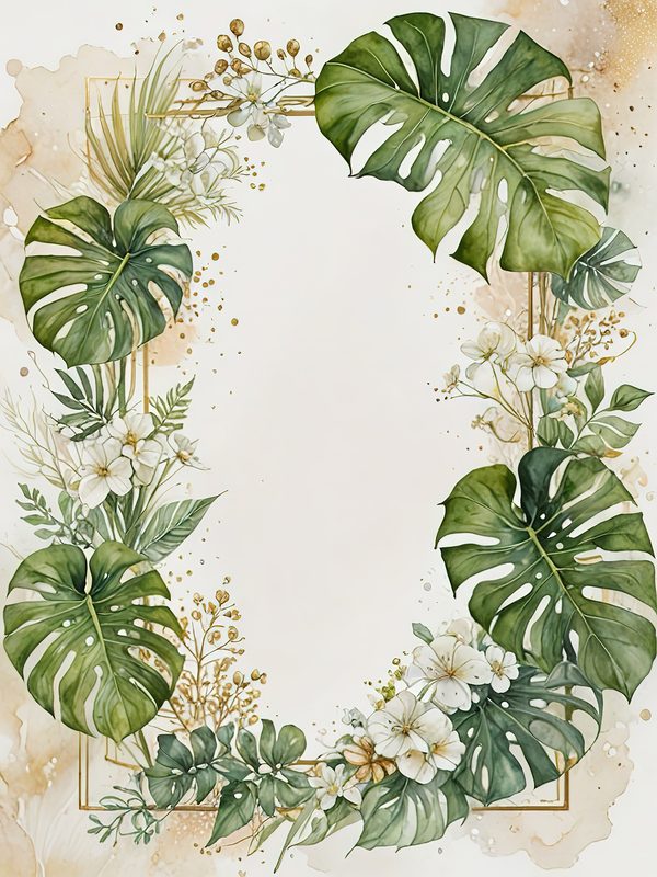 Watercolor Monstera Leaf Border: Tropical Foliage Background JPGs (Digital Download) — image 3