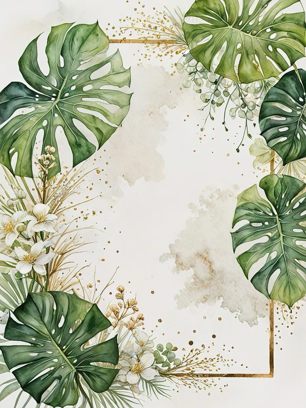 Watercolor Monstera Leaf Border: Tropical Foliage Background JPGs (Digital Download) — image 7