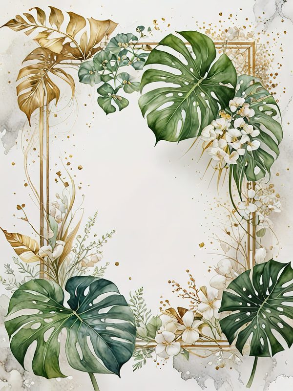 Watercolor Monstera Leaf Border: Tropical Foliage Background JPGs (Digital Download) — image 11