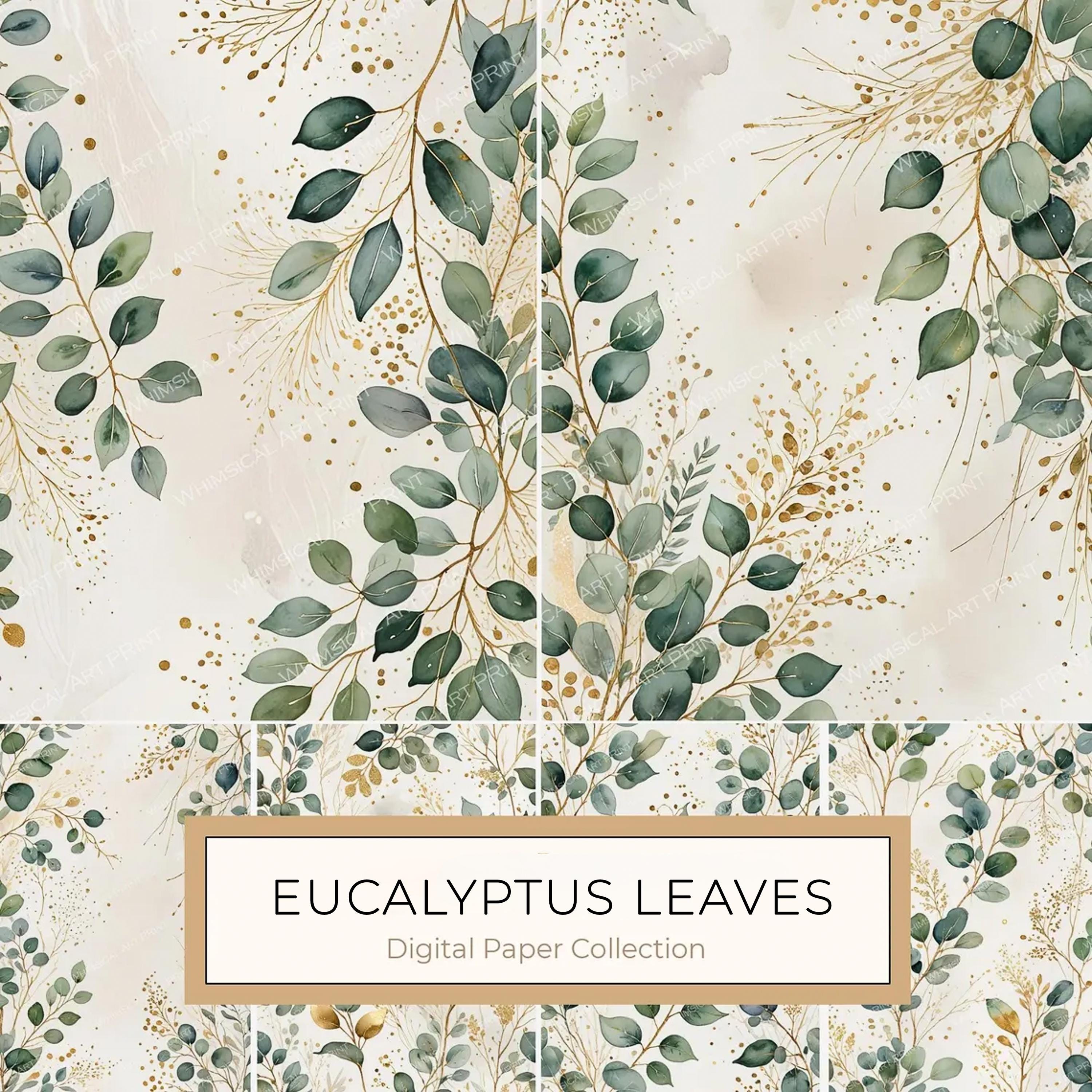 Watercolor Eucalyptus Leaves Digital Paper: Gold Accents (JPG, Commercial Use)