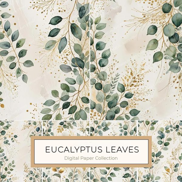 Watercolor Eucalyptus Leaves Digital Paper: Gold Accents (JPG, Commercial Use)