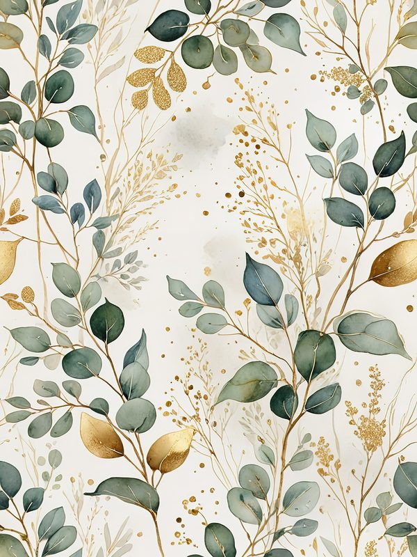 Watercolor Eucalyptus Leaves Digital Paper: Gold Accents (JPG, Commercial Use) — image 1