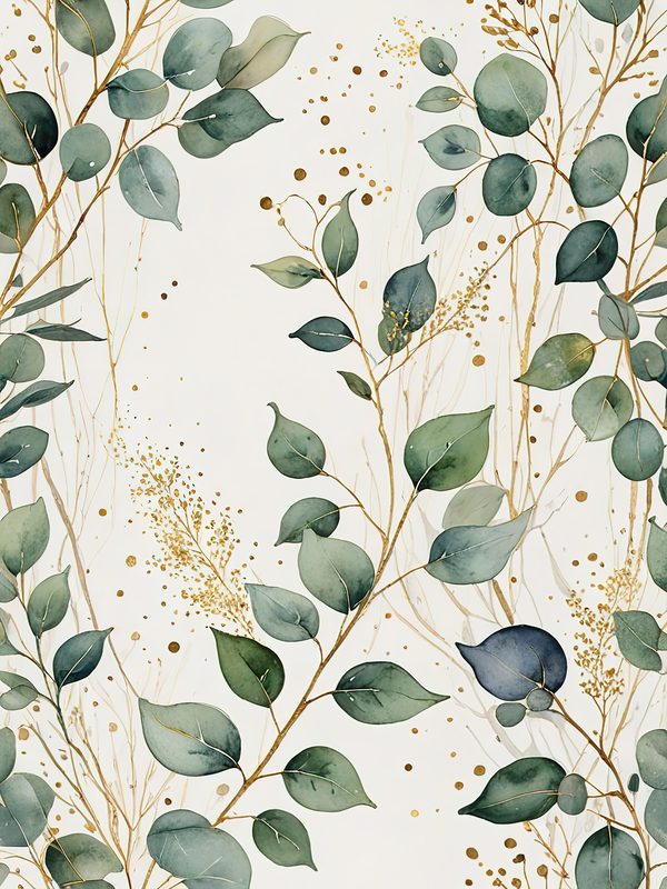 Watercolor Eucalyptus Leaves Digital Paper: Gold Accents (JPG, Commercial Use) — image 2