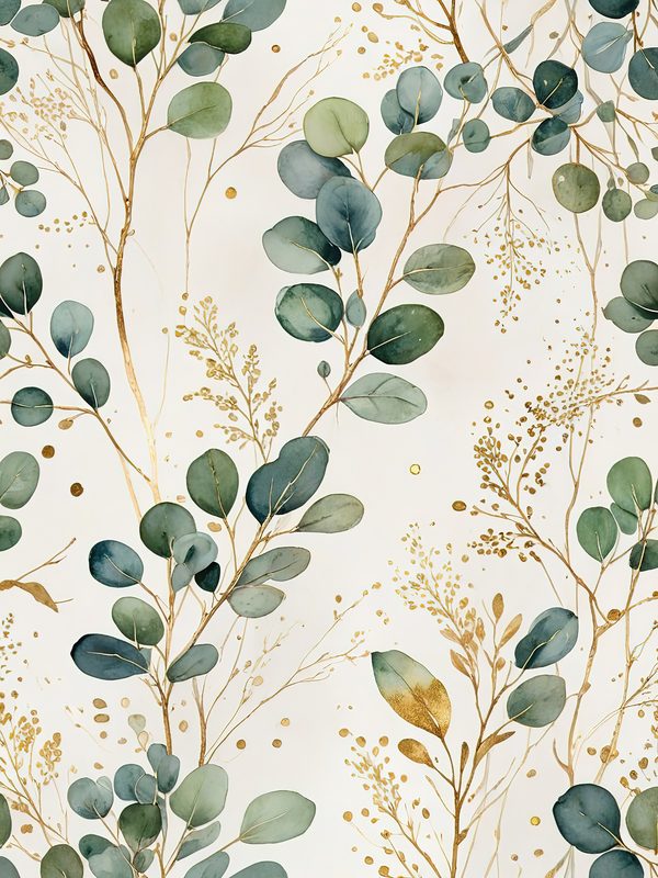 Watercolor Eucalyptus Leaves Digital Paper: Gold Accents (JPG, Commercial Use) — image 3